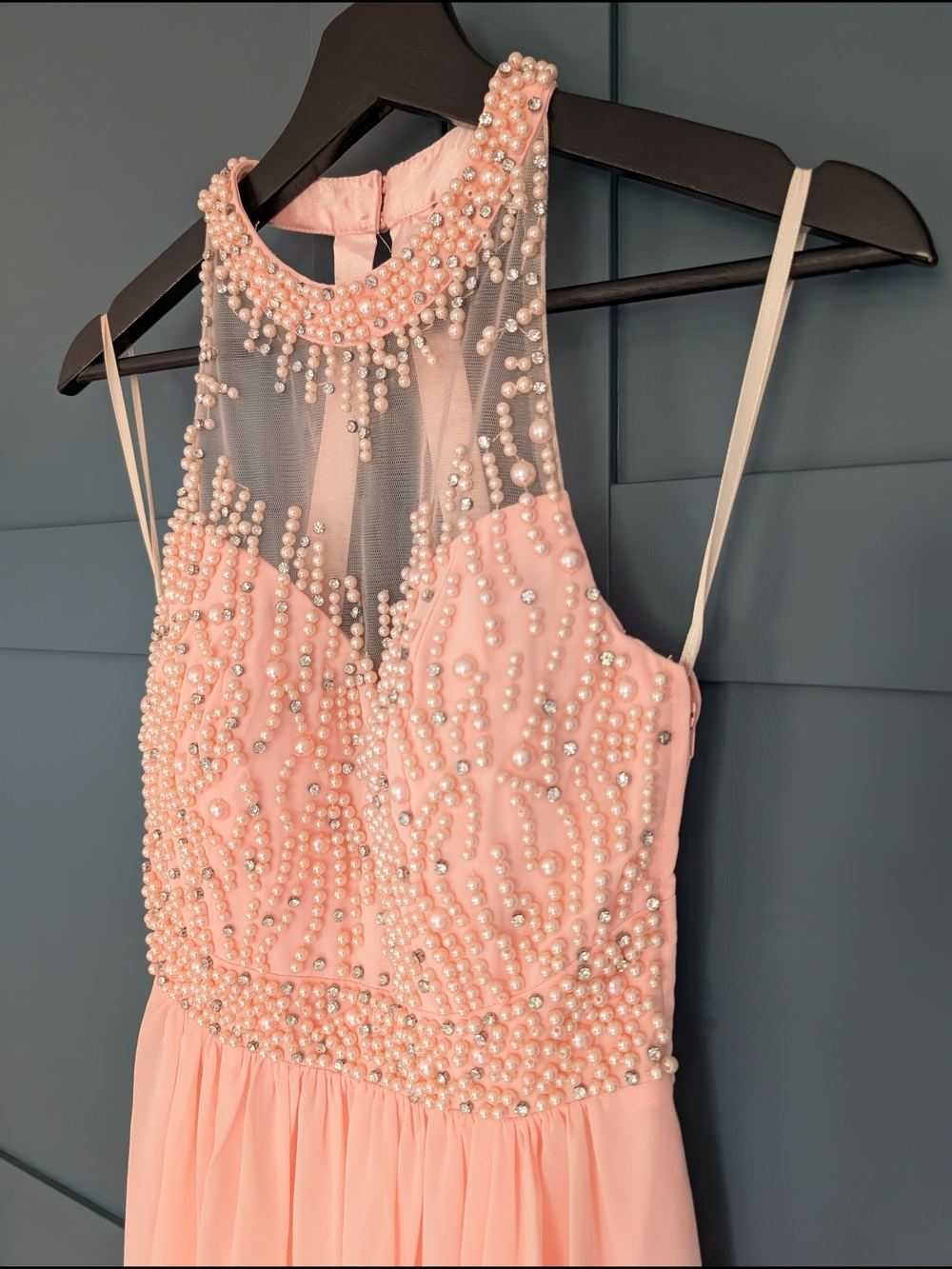 NWT Le Château Blush Pink Pearl Beaded Halter Formal Gown | XXS - Picture 3 of 11